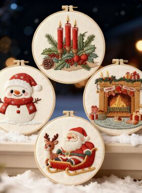 跨境新款Christmas Embroidery 圣诞diy刺绣套装四件套件节日装饰