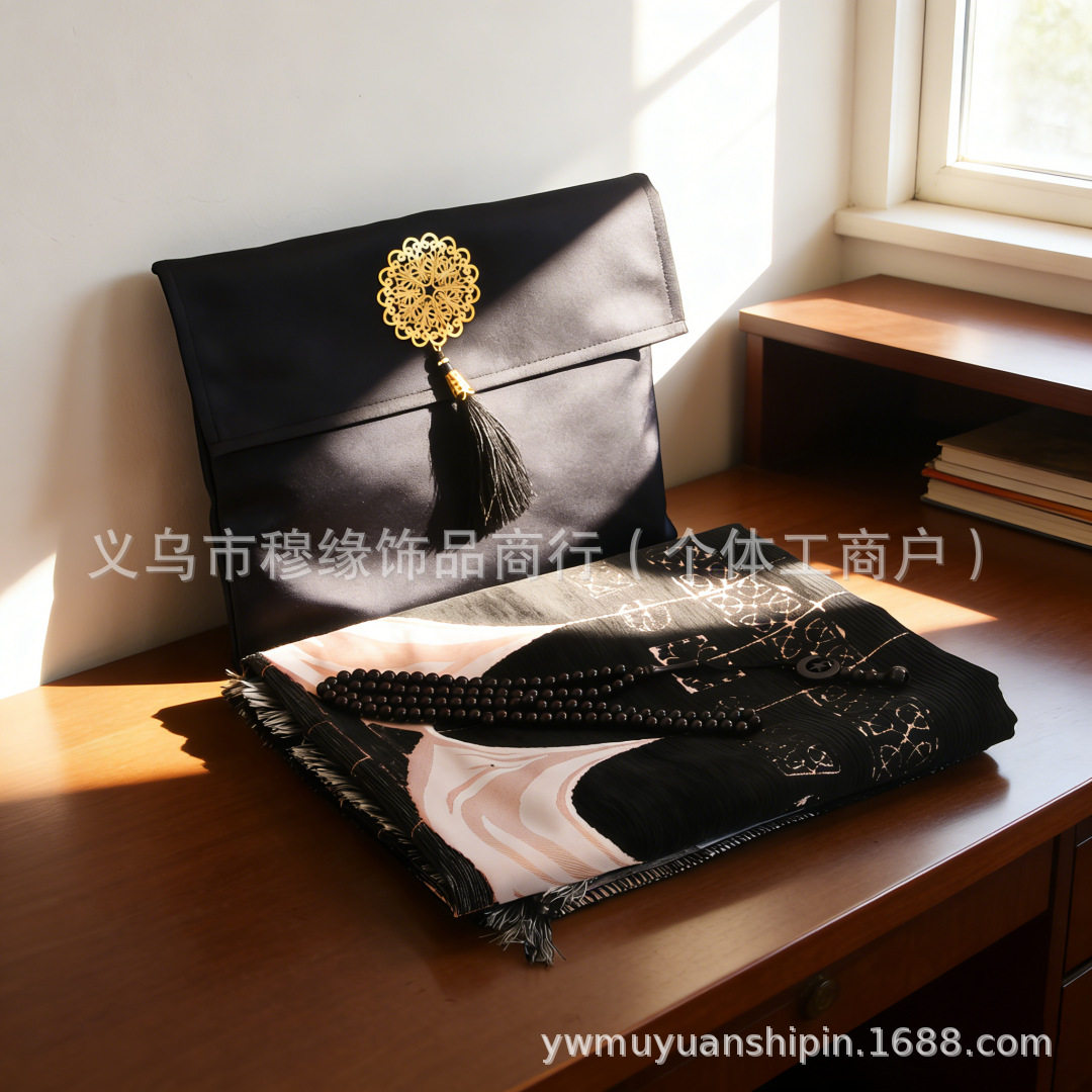 新款便携收纳雪尼尔拜毯黑色系简约风99粒手串手拿包套件代发批发