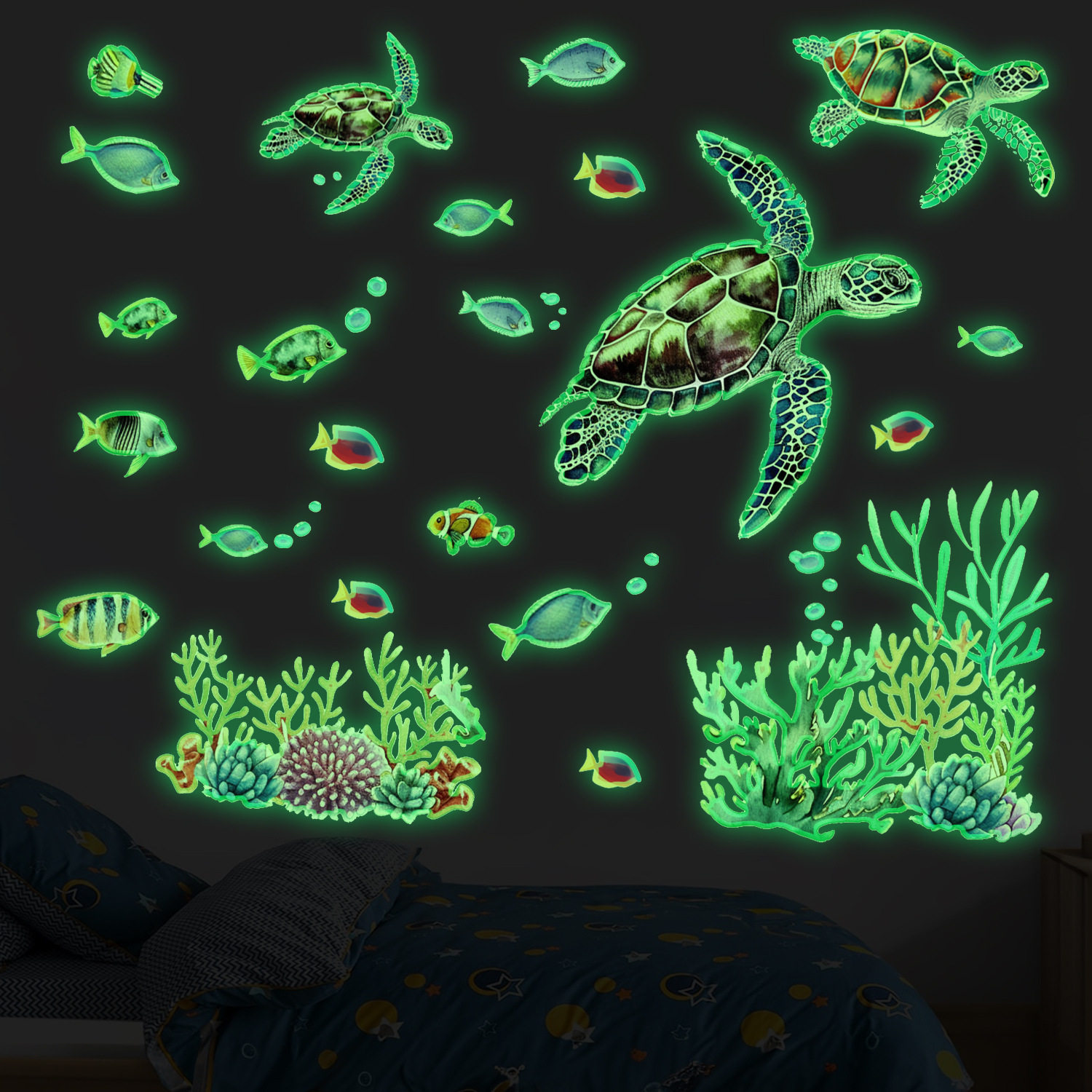 跨境亚马逊外贸夜光海洋墙贴纸小鱼珊瑚海底生物墙面装饰贴纸批发