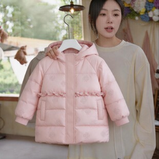 2026秋季新款羽绒服连帽长袖中长款绣花花边甜美女童外套潮