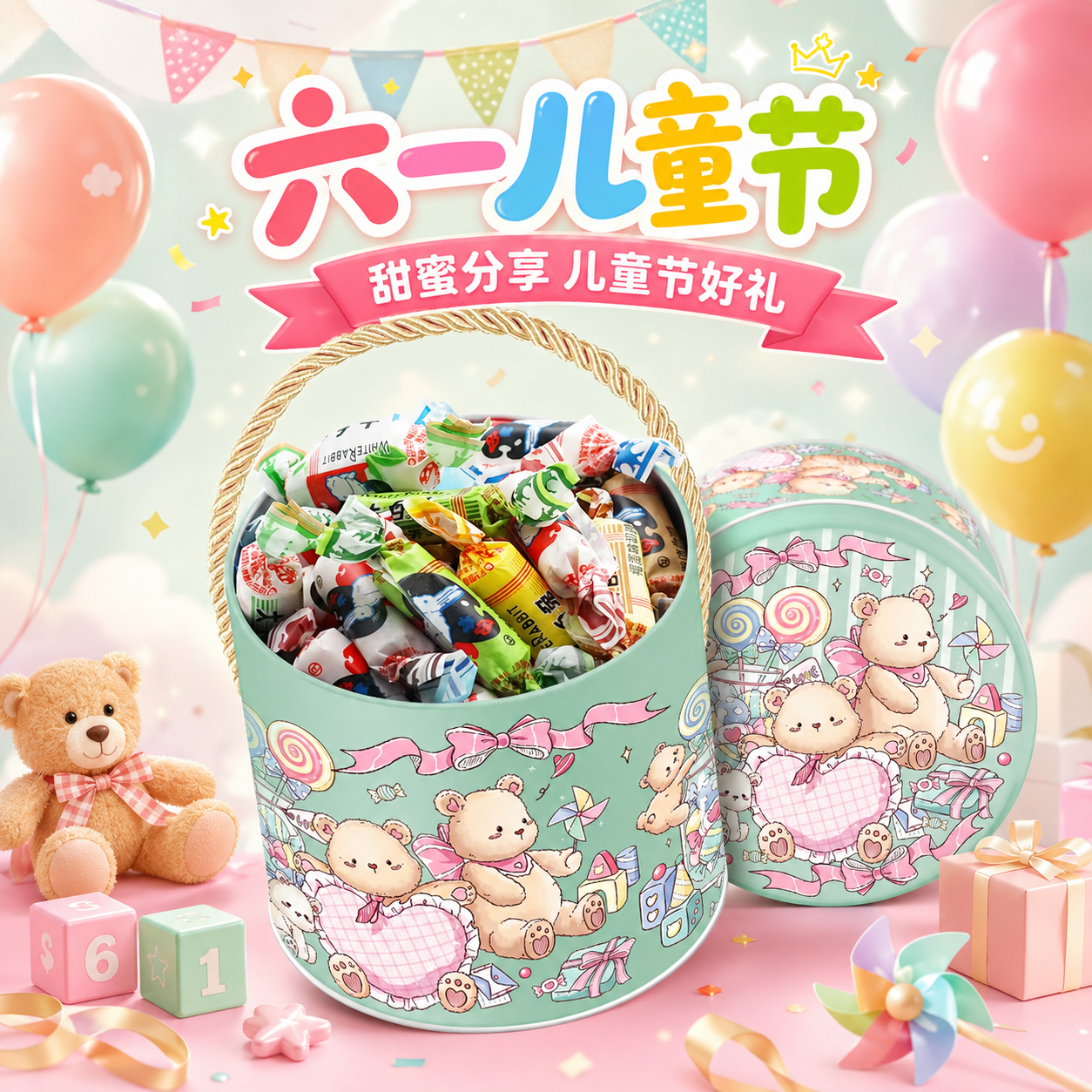 【六一儿童节礼物】大白兔奶糖爱心小熊礼盒100g混合口零食送小孩