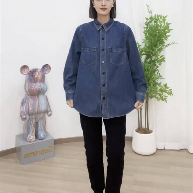 加绒牛仔衬衫女秋冬2024新款宽松D设计感叠穿上衣休闲加厚衬衣热