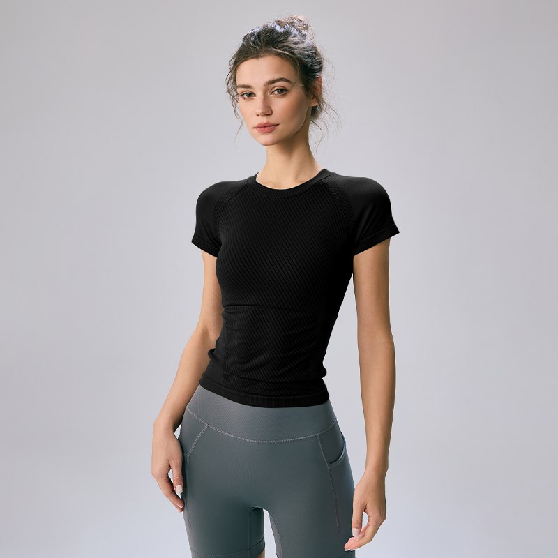 运动瑜伽服短袖女春夏紧s身透气上衣弹力速干普拉提训练健身衣热