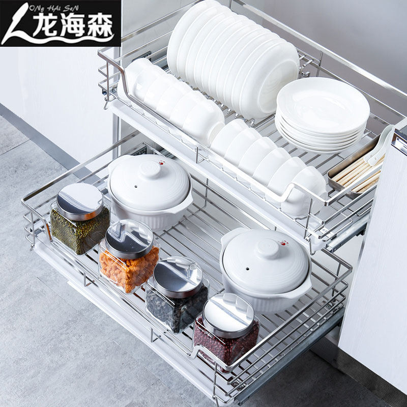 龙海抽厨房橱柜碗篮304不锈钢收纳调味篮碗架双S层森屉式拉热卖中