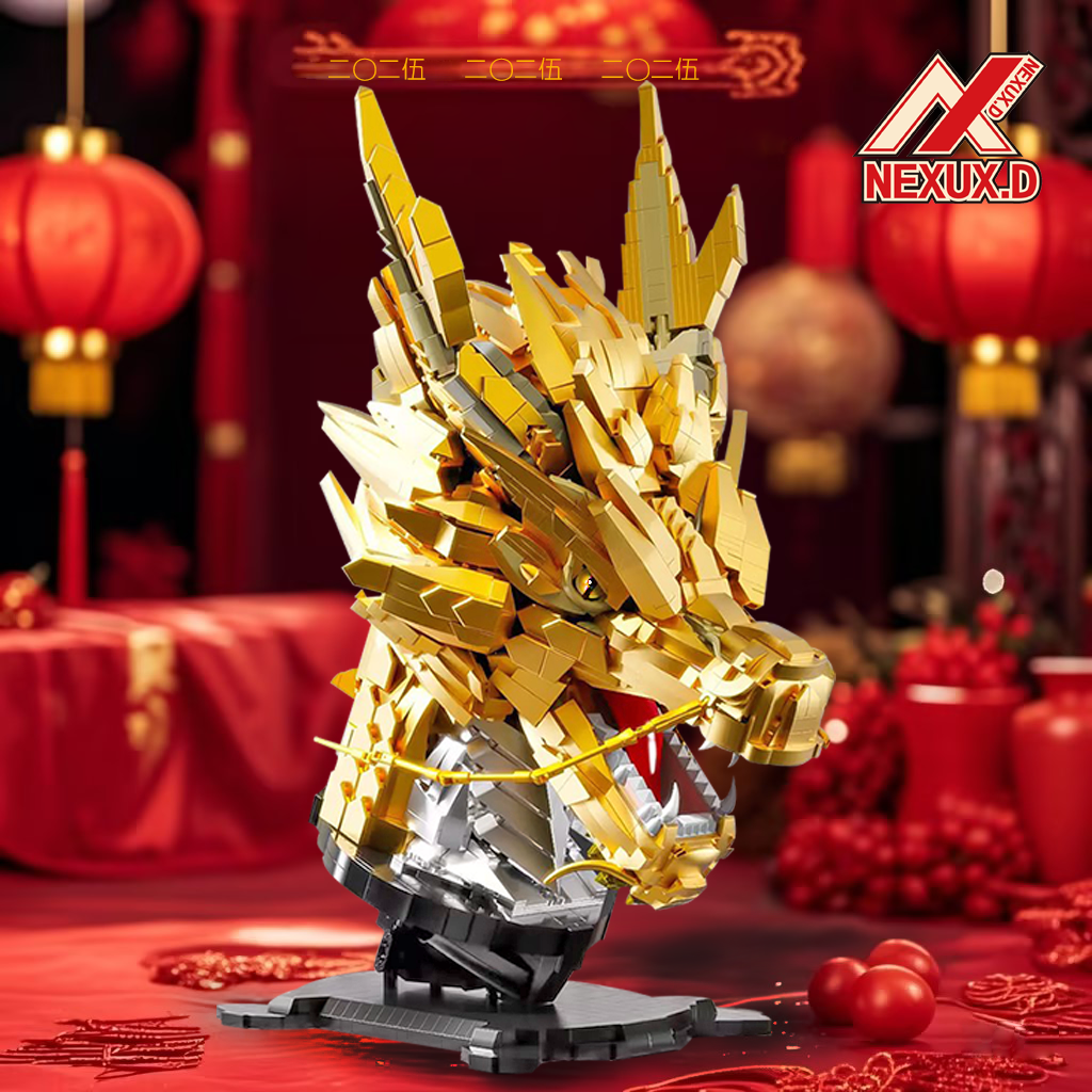 NEXUXD奈斯积木黄金龙首麒麟醒狮神话山海经文创产品拼装祥龙纳福