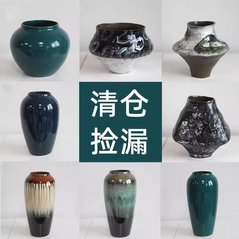 景德镇陶瓷花瓶摆件客厅插花红色新中式装饰品花器复古粗陶罐花盆