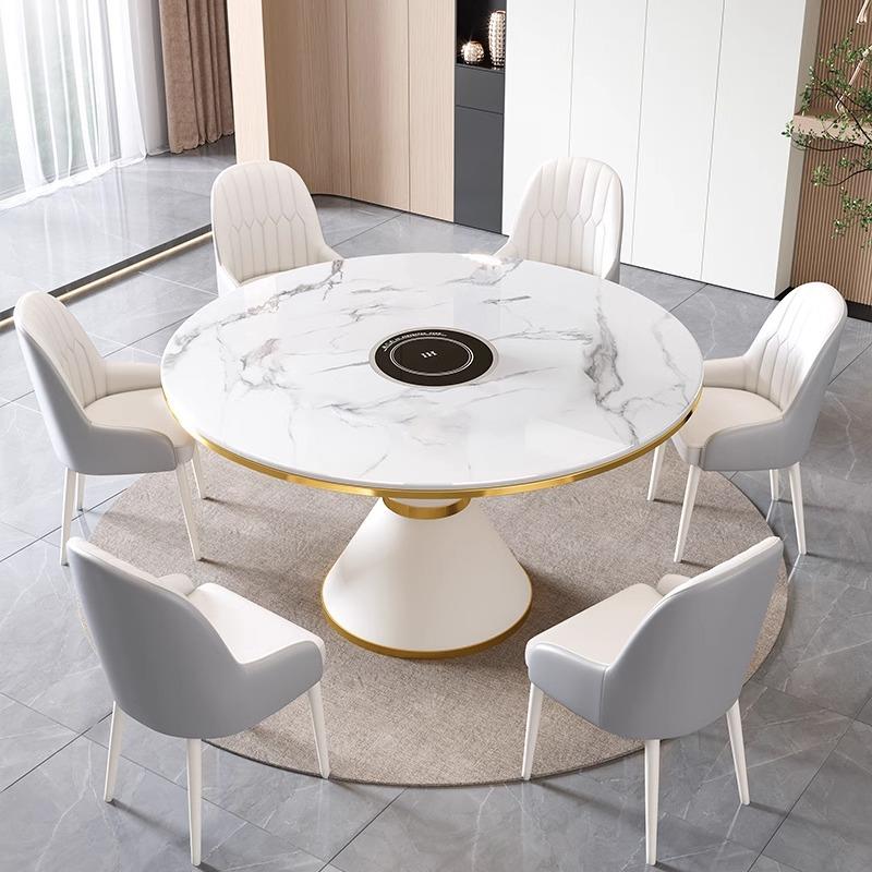意式岩板餐桌家用大小户型现代简约轻奢圆桌带转盘饭桌餐桌椅组合