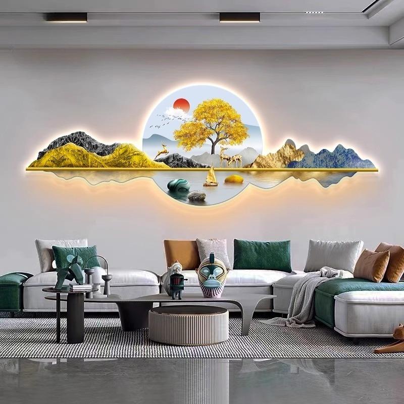 带灯山水画客厅挂画轻奢灯光画沙发背景墙装饰画2024新款LED壁灯图片
