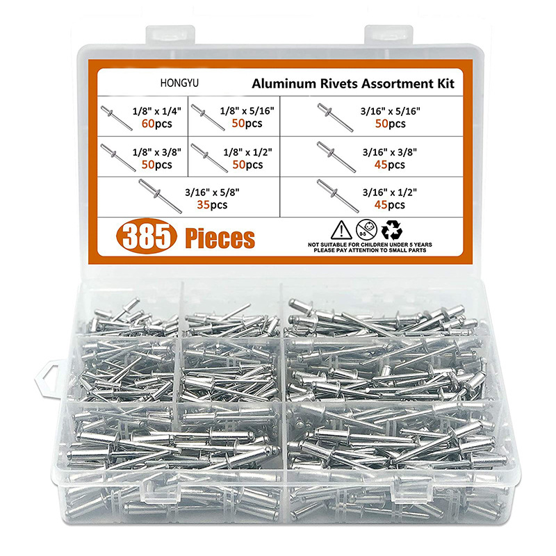 385pcs 铝制铝合金开口型扁圆头抽芯铆钉M3.2M4.8盒装套装