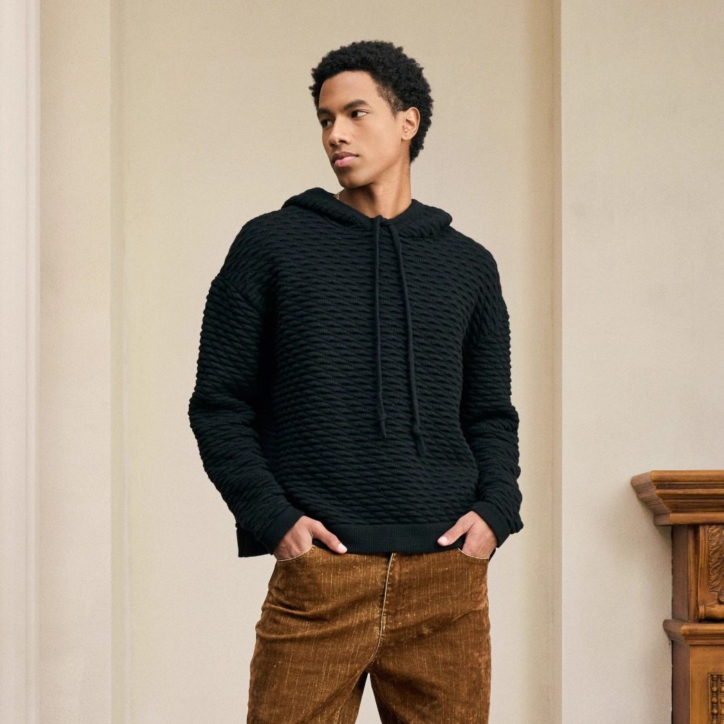 Azure Hues【松果纹棉纱】黑色连帽针织毛衣男2025冬宽松长袖卫衣,男装,针织衫/毛衣,淘宝优惠券,粉丝福利购,淘宝优惠卷