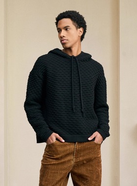 Azure Hues【松果纹棉纱】黑色连帽针织毛衣男2025冬宽松长袖卫衣