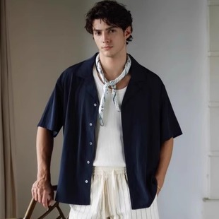 Azure Hues『桑蚕丝天丝』藏青色新贵老钱洗水古巴领度假风风衬衣