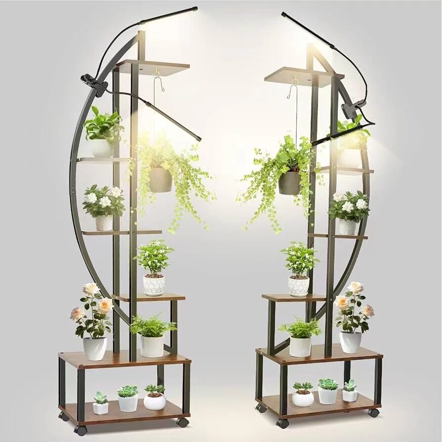 花架子置物架阳台室内家用落地式客厅简约铁艺花盆架多层带灯花架