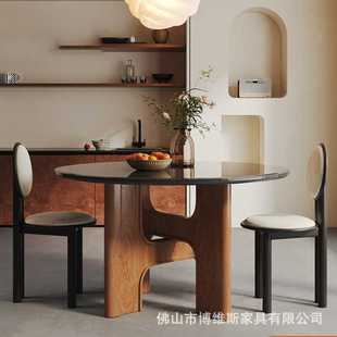 复古橡木实木圆形饭桌子 LDAD北欧中古钢化玻璃双层餐桌椅家用法式