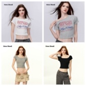 VoneSheeE美式 印花方领t恤女 辣妹上衣服插肩袖 修身 气质复古短款