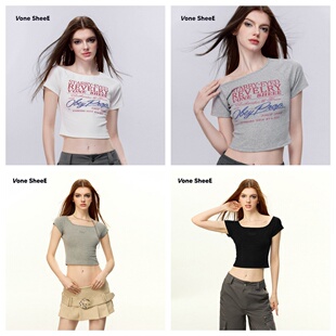 VoneSheeE美式修身气质复古短款辣妹上衣服插肩袖印花方领t恤女