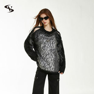 Vone SheeE 美式街头设计感甜酷宽松侧肩拉链扎染毛衣2025早秋女