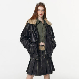 辣妹可拆卸毛领擦色皮设计感夹棉加厚pu皮棉衣外套女 昕怡专享
