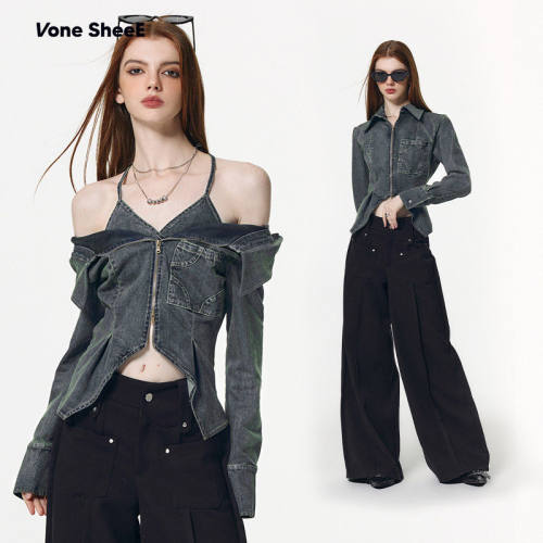 Vone SheeE春夏设计甜酷辣妹内搭衬衣高腰开叉显瘦牛仔衬衫女上衣