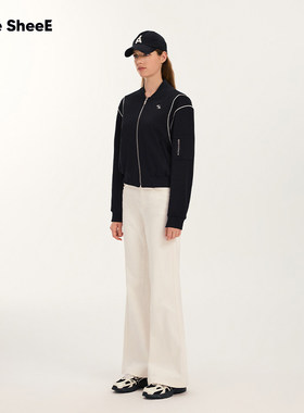 Vone SheeE美式复古黑色拉链棒球外套女宽松短款上衣2025早秋新款