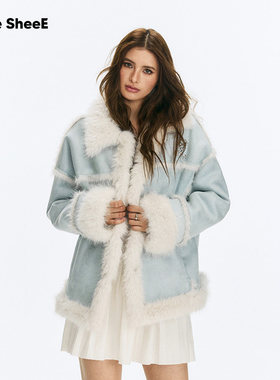 Vone SheeE美式辣妹高级温柔蓝色拼色外套女皮毛一体2025秋冬新款