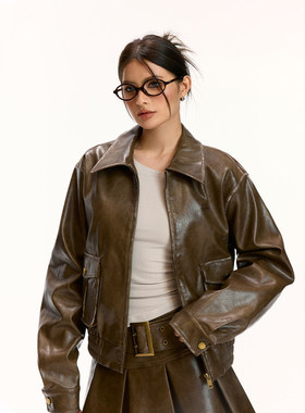 Vone SheeE 美式复古棕色皮衣外套百褶皮裙半身裙女辣妹早秋新款