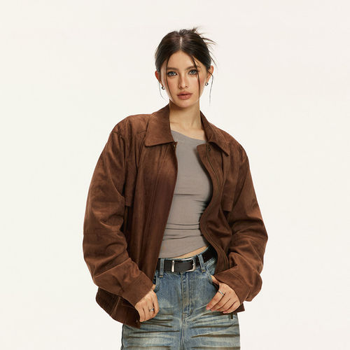 Vone SheeE 美式复古麂皮绒夹克翻领外套女秋冬短款