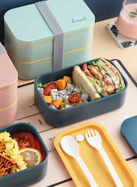 创意日式双层塑料饭盒可微波炉学生带饭午餐盒大容量便携便当盒