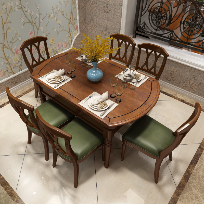 美式实木餐桌小户型饭桌伸缩可摺叠餐桌椅组合家用客厅中古大圆桌
