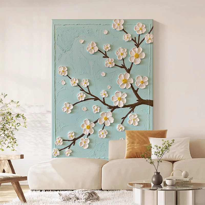白色花卉手绘油画奶油风客厅装饰画立体玄关走廊过道丙烯肌理挂画图片