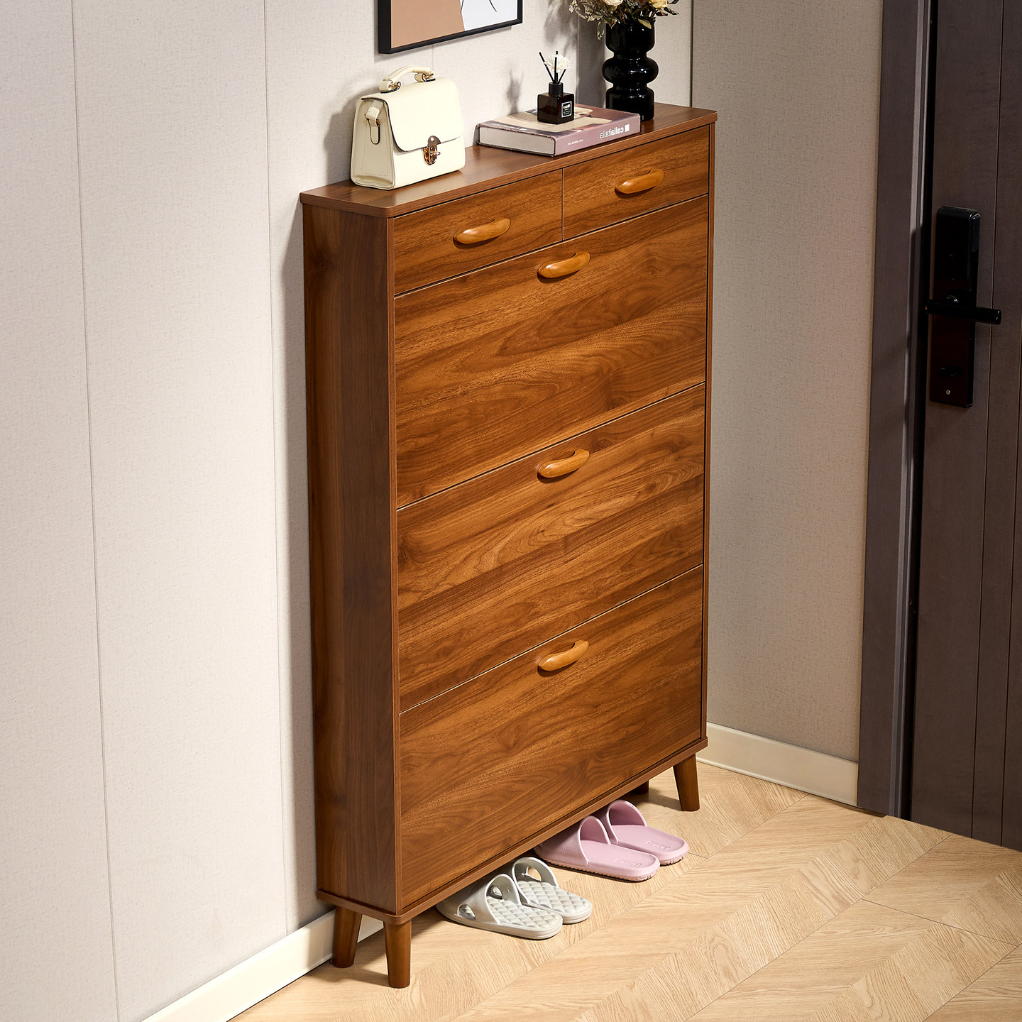 超薄鞋柜胡桃门口家用翻斗式入户玄关柜简约现代靠墙大容量鞋架子,住宅家具,鞋柜,淘宝优惠券,粉丝福利购,淘宝优惠卷