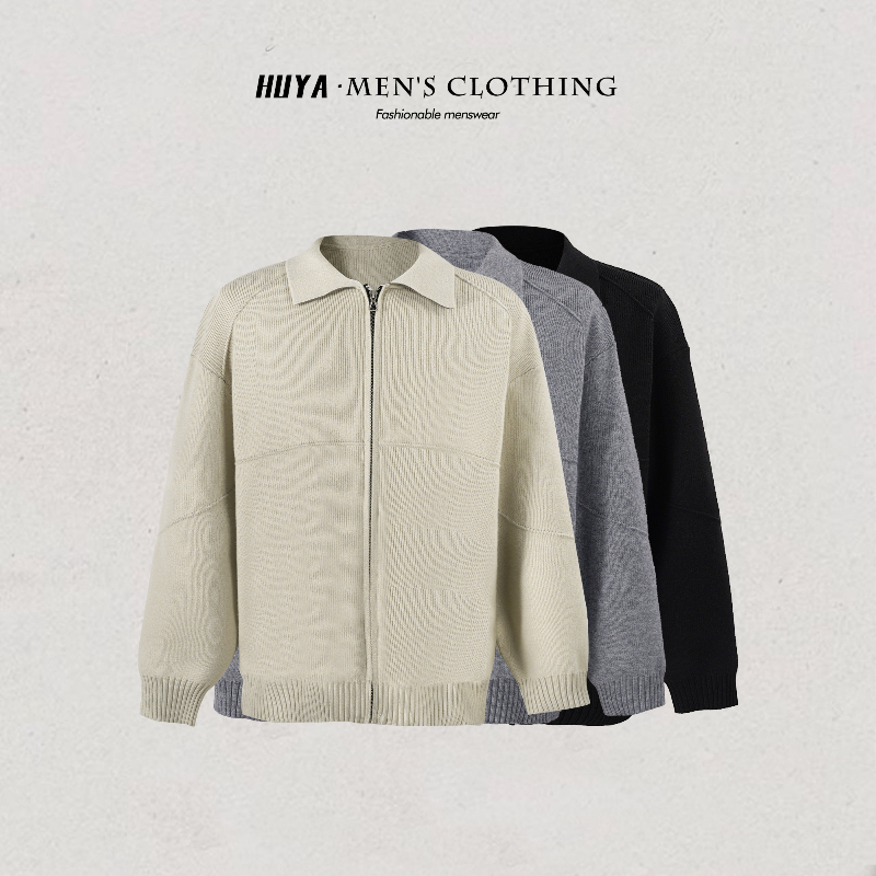 虎牙兄弟男生长袖早秋翻领拼接百搭针织开衫拉链简约套头男M8078