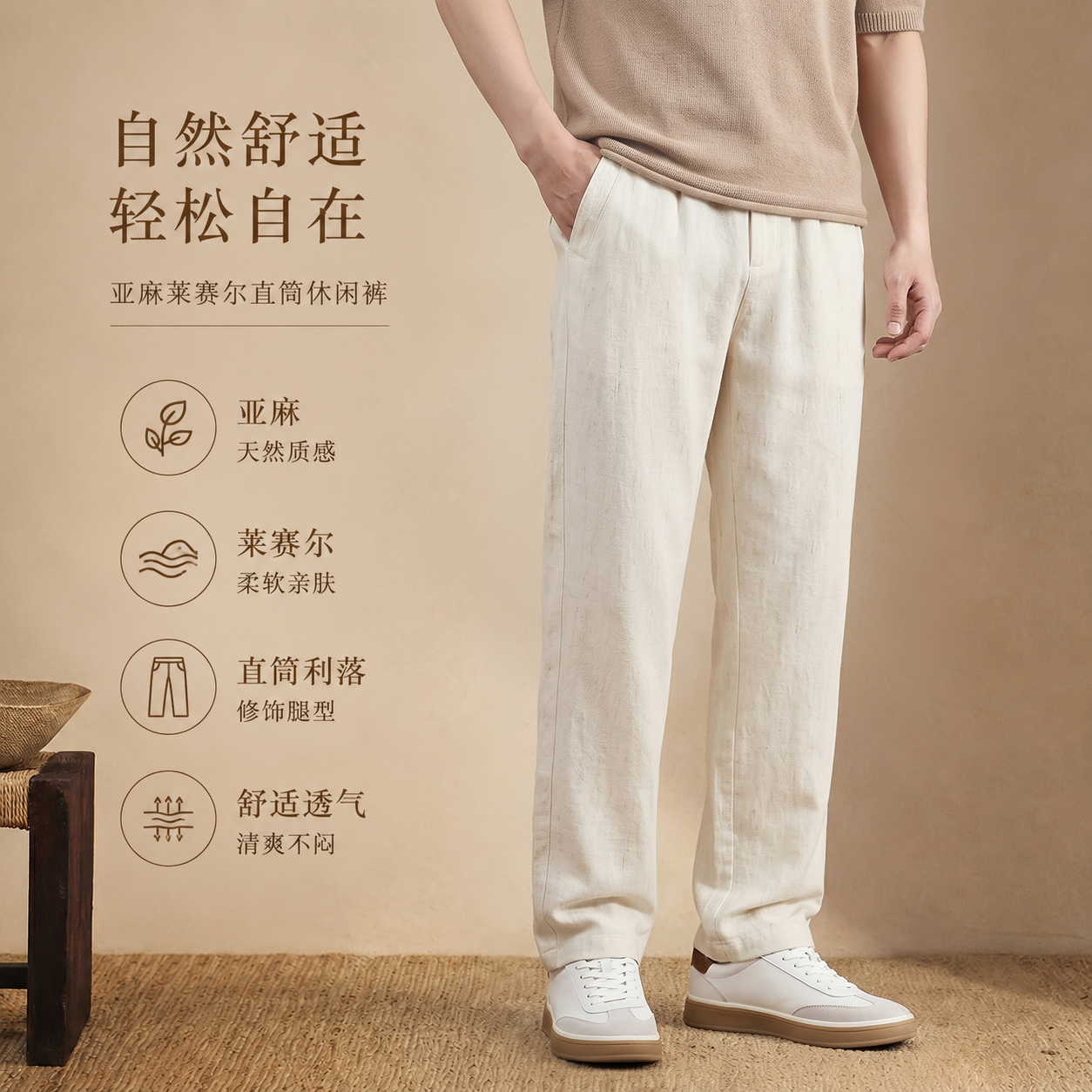 虎牙兄弟老钱风莱赛尔亚麻裤子男款2026夏季薄款透气休闲裤L8031