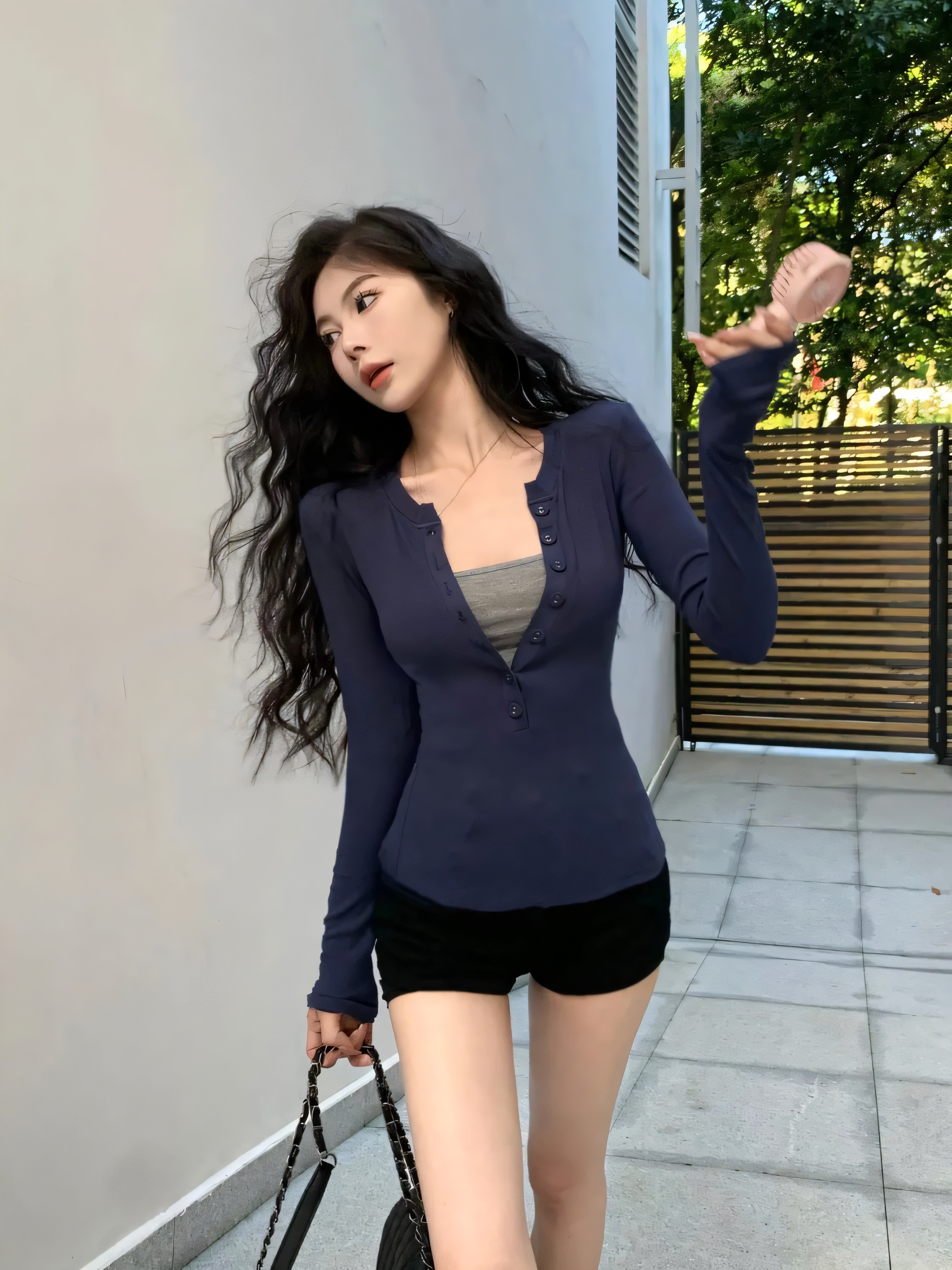 两件套装都市纯欲风v领长袖T恤女又甜又辣上衣女修身显瘦防晒外搭