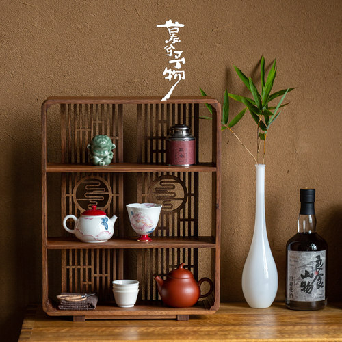 慕兮胡桃木博古架中式复古茶具架实木多宝阁茶室木制收纳置物架子