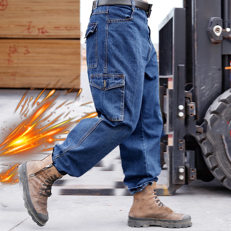 加厚直筒牛d仔工作裤男耐磨耐烫宽松工装裤工人电焊工汽修劳保裤