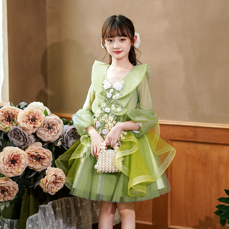 儿童礼服公主裙i女童蓬蓬裙小主持人秋季长袖演出服幼儿园表演裙