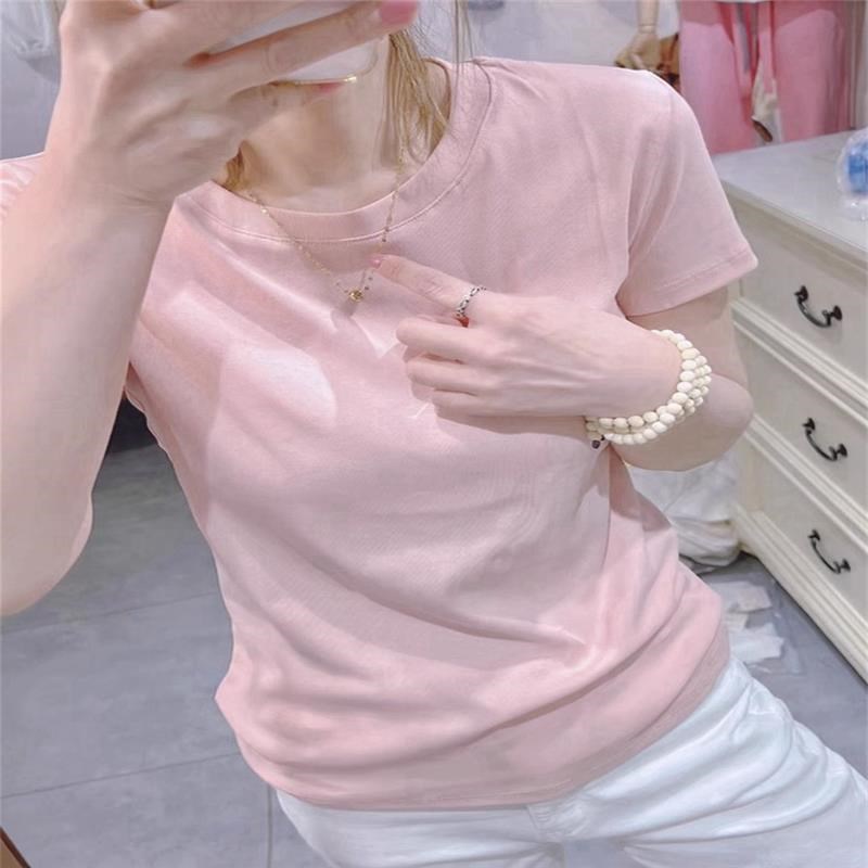 夏季粉色正肩短袖t恤女r2024新款减龄体恤衫别致漂亮小衫法式上衣