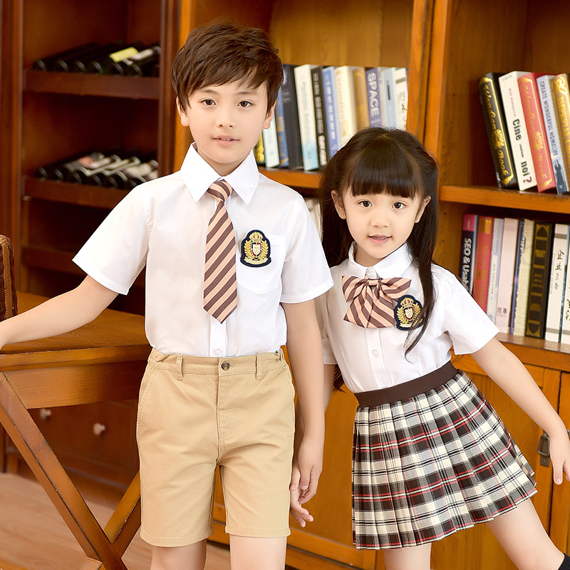 幼儿园园服夏季短袖男女童装白色B衬衫中小学生学院风班服校服套