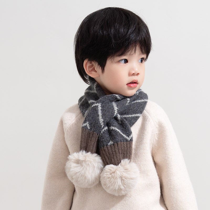儿童围巾秋冬季宝宝针织毛线围脖男童女L童毛球可爱洋气交叉围脖
