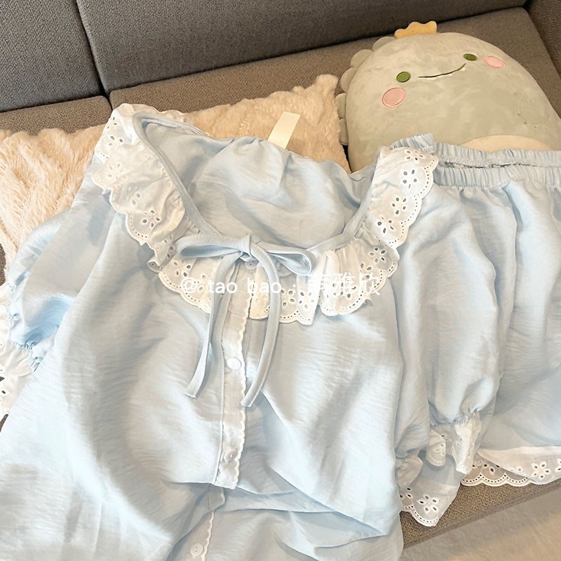 蓝色公主风睡衣h女款夏季短袖短裤两件套甜美花边少女可外穿家居