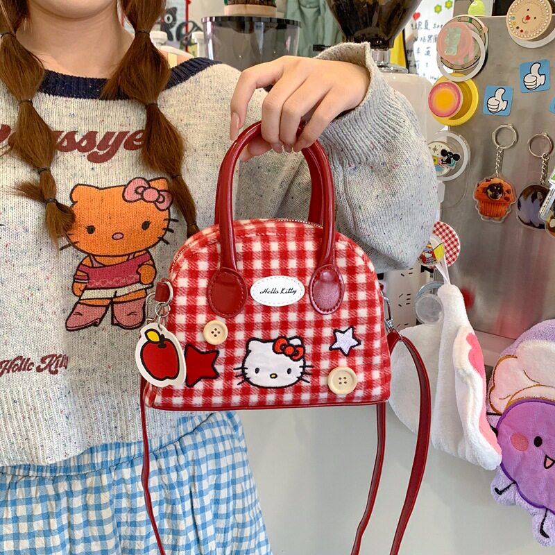 韩系小巧精致可爱猫猫手提包时尚潮流红色格纹包包卡通刺绣斜挎包