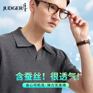 庄吉海鸥领针织短袖POLO衫老钱风夏天可机洗桑蚕丝棉亚麻T恤男士
