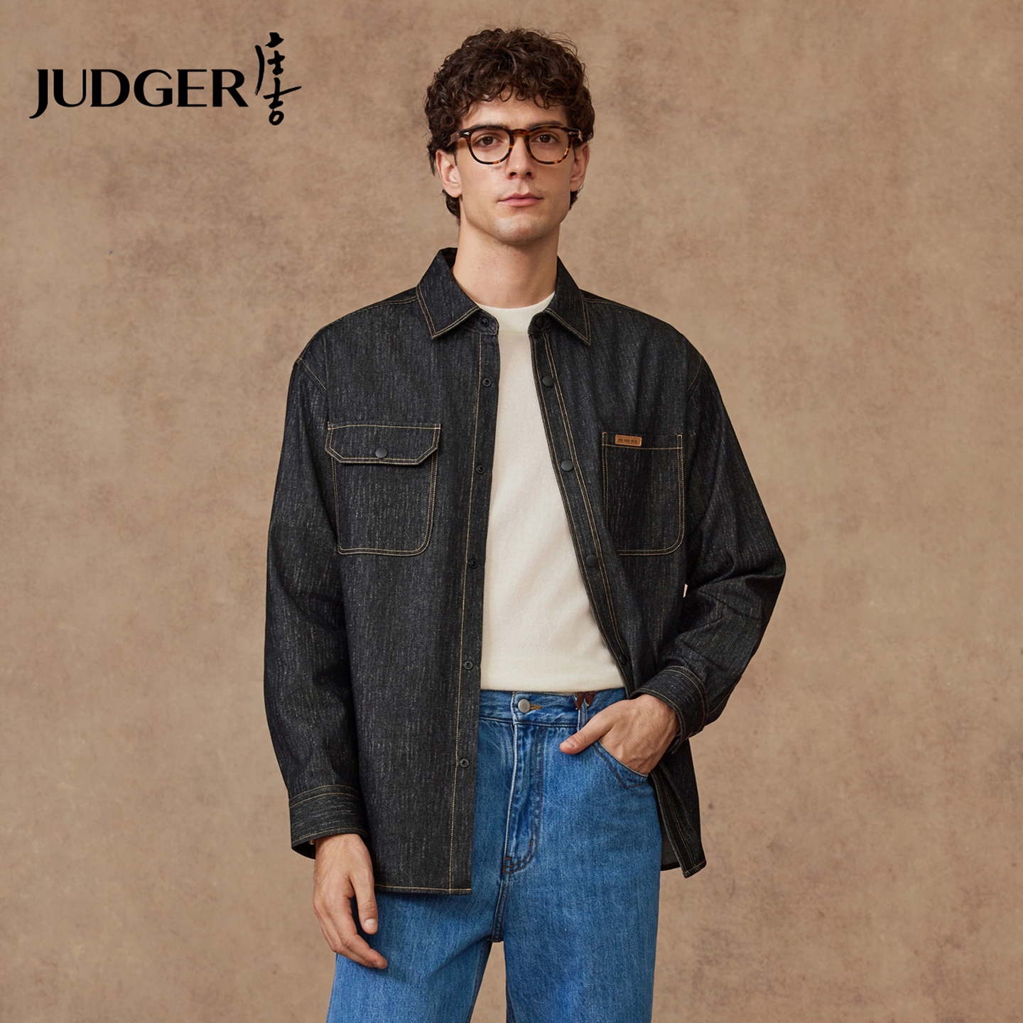 庄吉纯棉花纱牛仔口袋衬衣男士