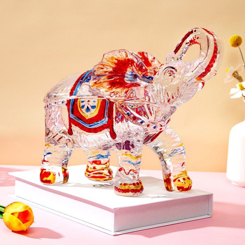 玻璃摆件手绘大象储物罐波西米亚风东南亚饰品精致鲜花手工
