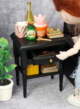 1:12娃娃屋dollhouse卧室场景微场景摆件迷你边柜子黑色床头柜