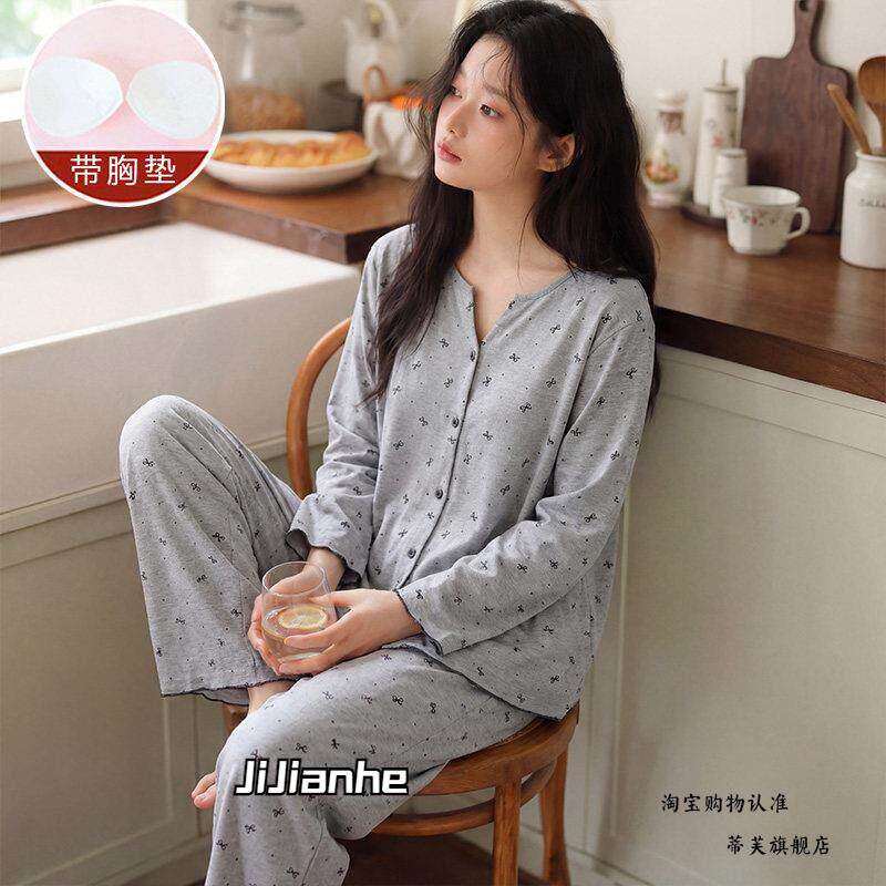月子服夏薄款吸汗带胸垫甜美风长袖睡衣女春夏季灰色蝴蝶结带胸垫