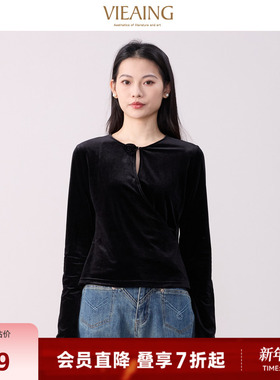 VIEA.ING薇迎丝绒衬衫女2025冬季新款黑色圆领衬衣镂空设计感上衣
