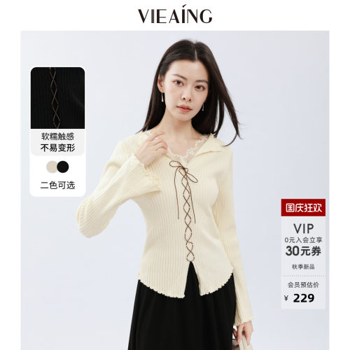 VIEA.ING薇迎商场同款坑条针织衫女2026秋冬新款蕾丝花边长袖上衣