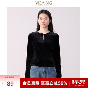 VIEA.ING薇迎丝绒衬衫女2025冬季新款黑色圆领衬衣镂空设计感上衣